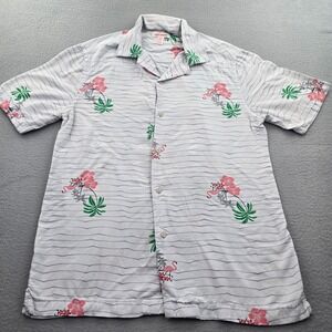 Joe Fresh Hawaiian Shirt Mens XS Light Blue Striped Flamingo Palm Tree Viscose
